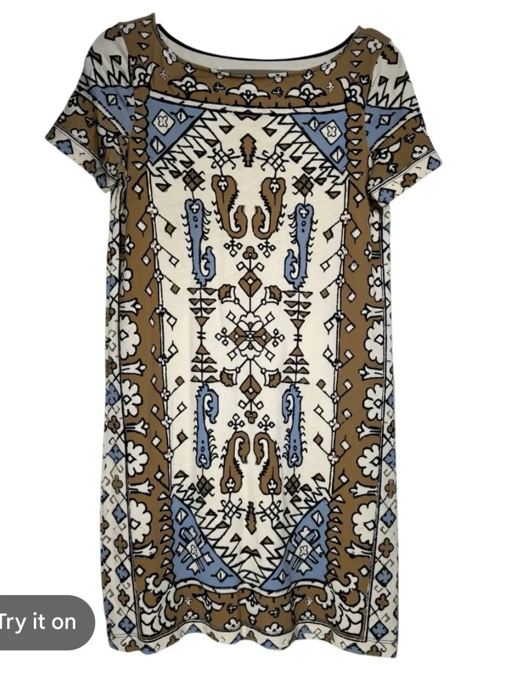 Tory Burch Cream, Brown & Blue Boho Shift Dress